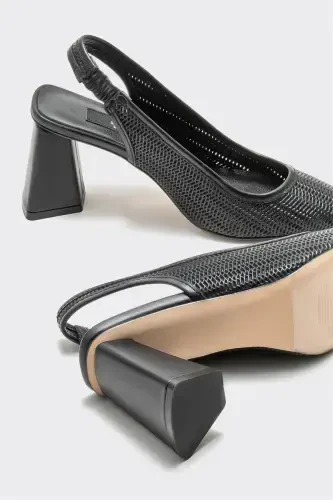 Black Leather Women's Heels-Black - 4