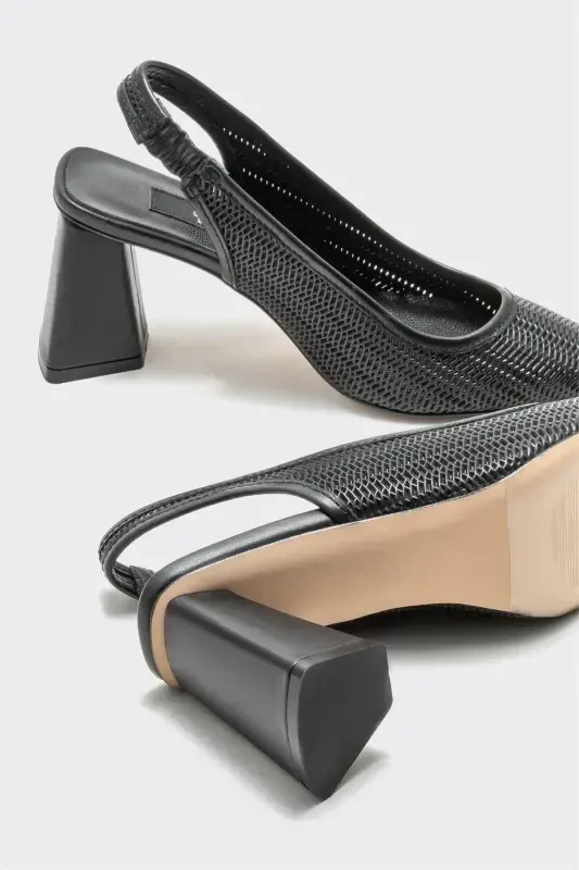 Black Leather Women's Heels-Black - 4