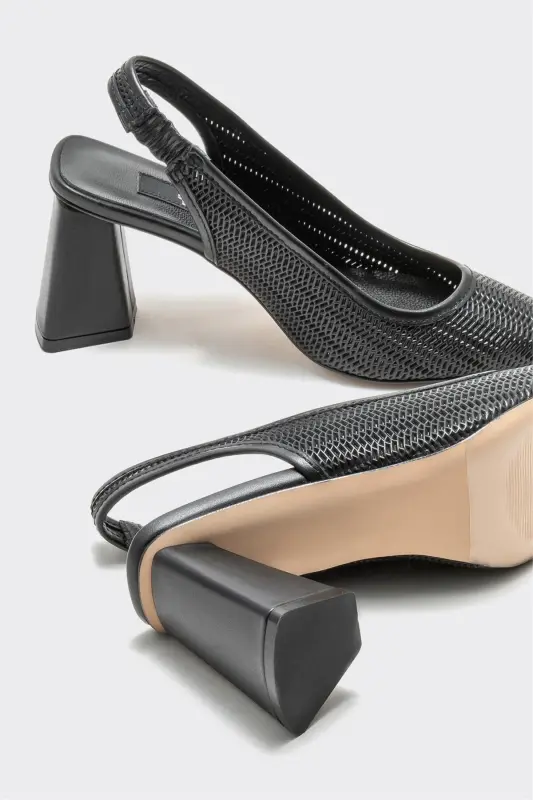 Black Leather Women's Heels-Black - 4