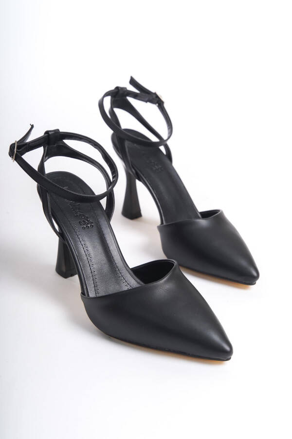 Black Leather Women's High Heel Shoes Pointed Toe Buckle - 3