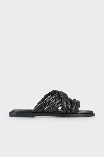 Black Leather Women's Slipper-Black - 1