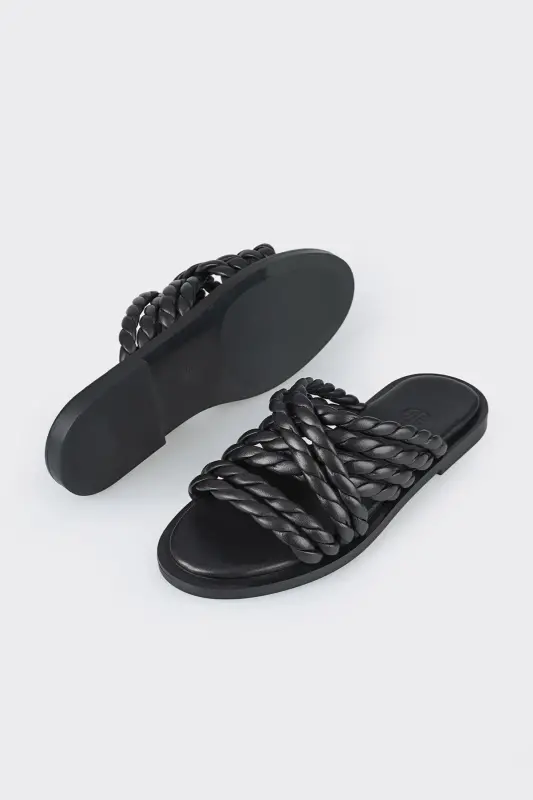 Black Leather Women's Slipper-Black - 3