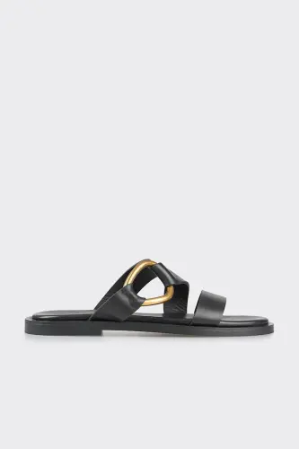 Black Leather Women's Slippers - 1