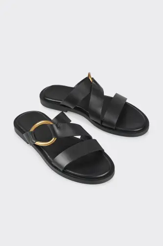 Black Leather Women's Slippers - ELLE (1)