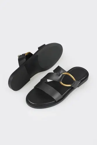 Black Leather Women's Slippers - 3