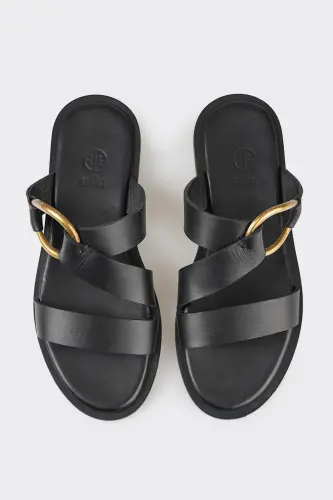 Black Leather Women's Slippers - 4