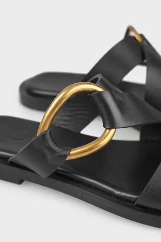 Black Leather Women's Slippers - 5