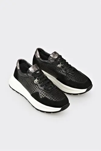 Black Leather Women's Sneaker-Black - ELLE SHOES (1)