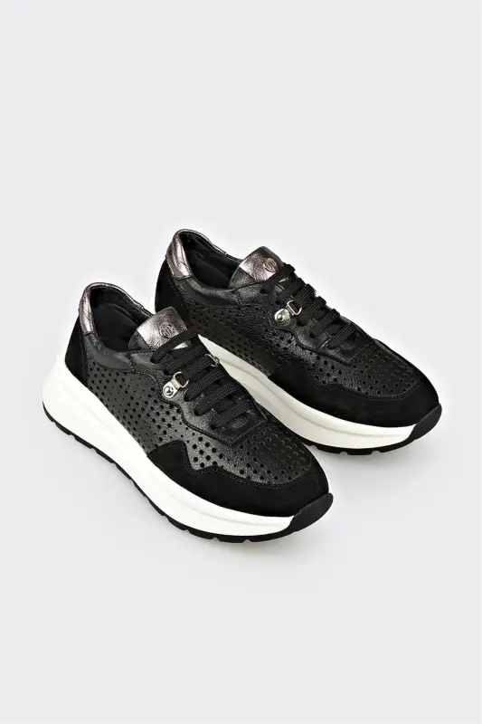 Black Leather Women's Sneaker-Black - 2