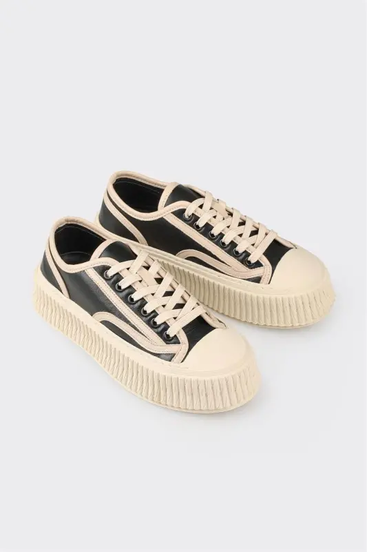 Black Leather Women's Sneaker-Black - 2