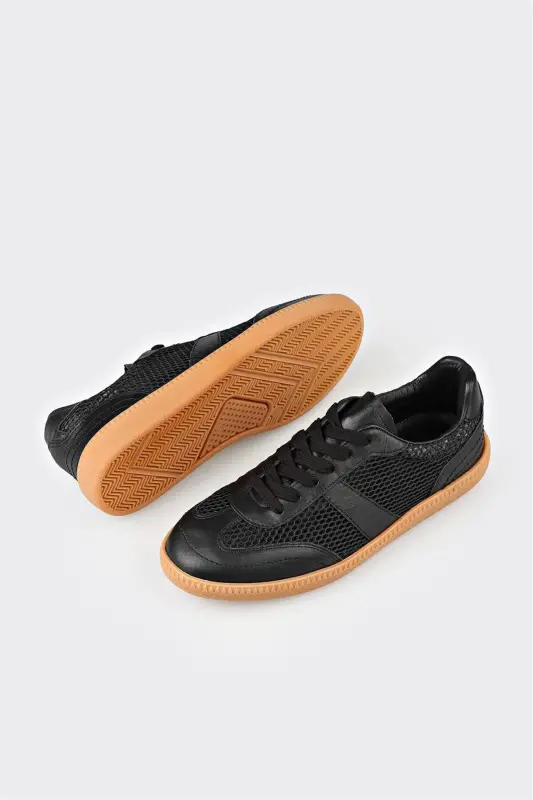 Black Leather Women's Sneaker-Black - 3