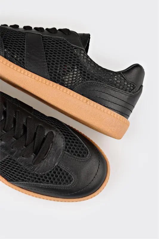 Black Leather Women's Sneaker-Black - 5