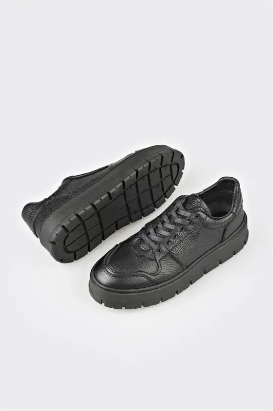 Black Leather Women's Sneaker - Black - 3