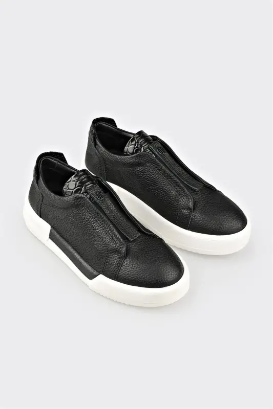 Black Leather Women's Sneakers-Black - 2