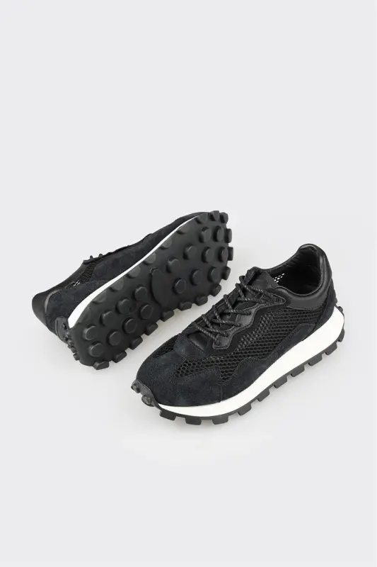 Black Leather Women's Sneakers - Black - 3