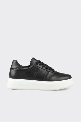 Black Leather Women's Sneakers - Black - 1