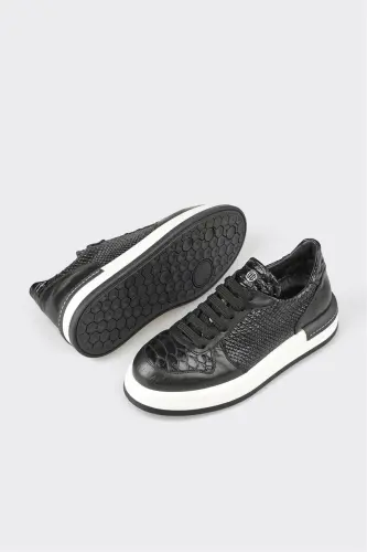 Black Leather Women's Sneakers - Black - 3