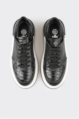 Black Leather Women's Sneakers - Black - 4