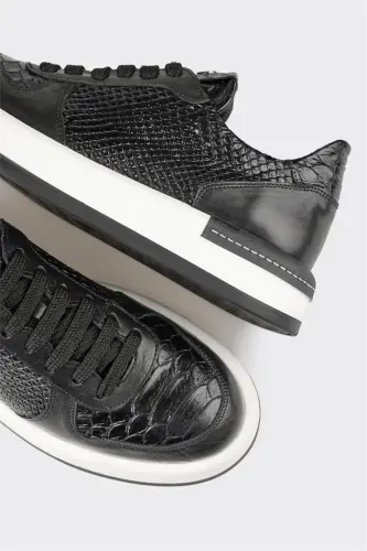 Black Leather Women's Sneakers - Black - 5
