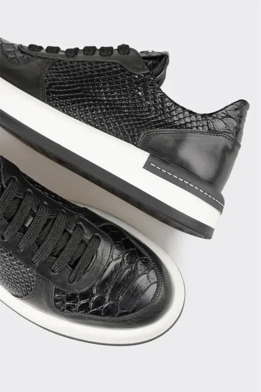 Black Leather Women's Sneakers - Black - 5