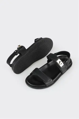 Black Leather Women's Sport Sandals - 3