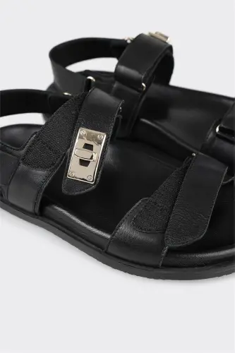 Black Leather Women's Sport Sandals - 5
