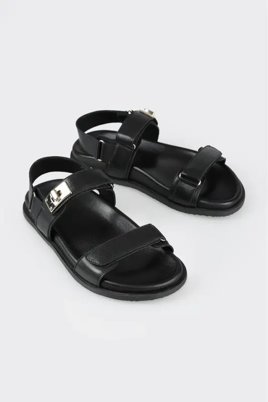 Black Leather Women's Sport Sandals - 3
