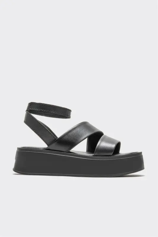 Black Leather Women's Wedge Heel Sandal-Black - ELLE SHOES