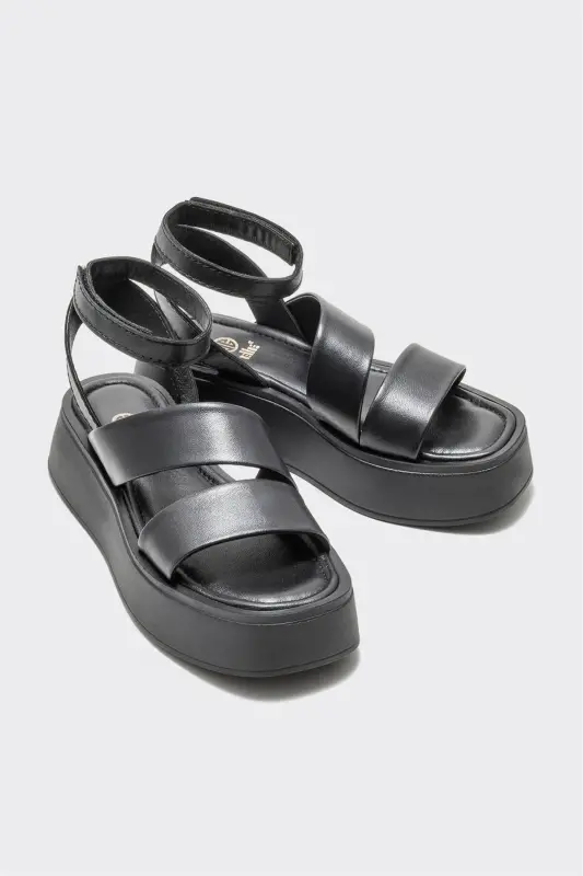 Black Leather Women's Wedge Heel Sandal-Black - 2
