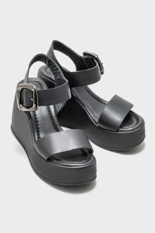 Black Leather Women's Wedge Heel Sandal - Black - 2