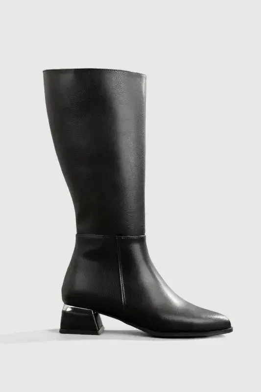 Black leather, zippered, heeled boot - 2