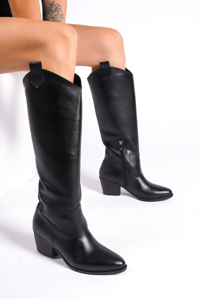 Black leather zippered long western cowboy boots - 1