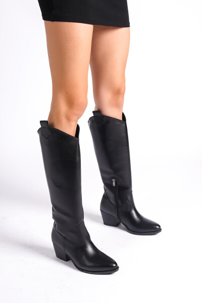 Black leather zippered long western cowboy boots - 2