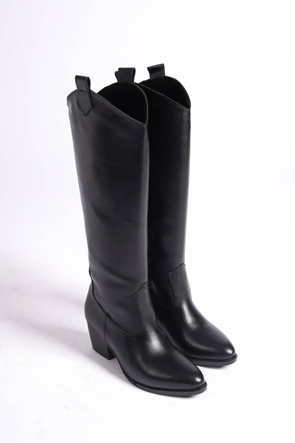 Black leather zippered long western cowboy boots - 4