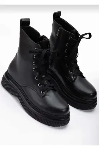 Black Leather Zippered Women's Bootie - Black Leather - 1