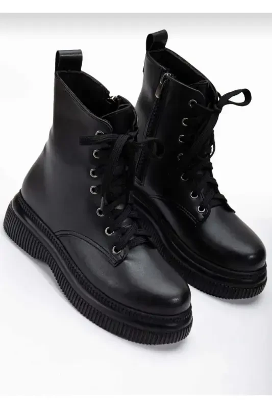 Black Leather Zippered Women's Bootie - Black Leather - 1