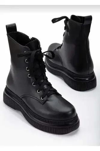 Black Leather Zippered Women's Bootie - Black Leather - DS AYAKKABI (1)