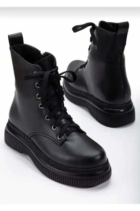 Black Leather Zippered Women's Bootie - Black Leather - 2