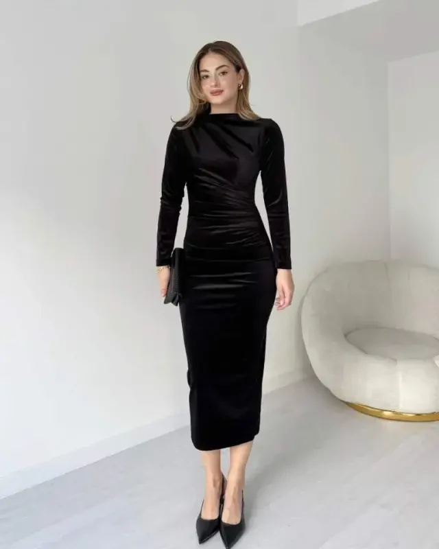 Black Long Sleeve Ruched Detail Velvet Fabric Midi Dress - 2