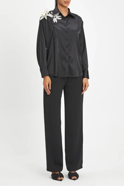 Black Long-sleeve Shirt with Flowery Accessory and Pearl Details 40402 - 1