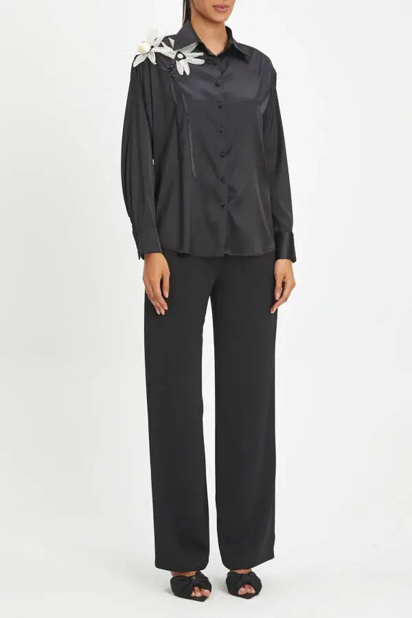 Black Long-sleeve Shirt with Flowery Accessory and Pearl Details 40402 - 1