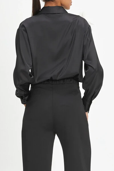 Black Long-sleeve Shirt with Flowery Accessory and Pearl Details 40402 - 2