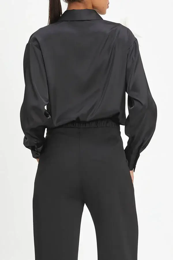 Black Long-sleeve Shirt with Flowery Accessory and Pearl Details 40402 - 2