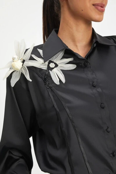 Black Long-sleeve Shirt with Flowery Accessory and Pearl Details 40402 - 3