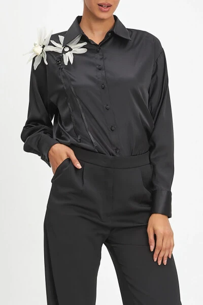 Black Long-sleeve Shirt with Flowery Accessory and Pearl Details 40402 - 4