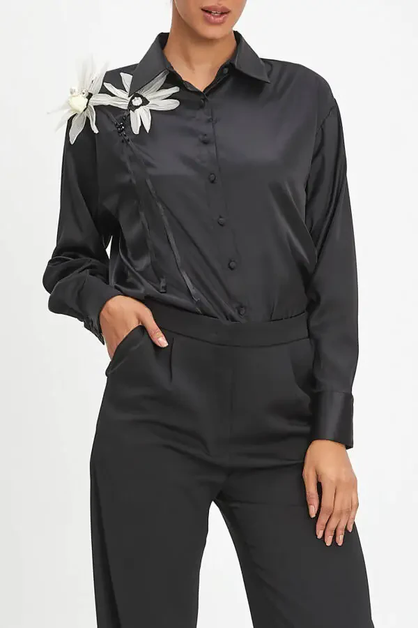 Black Long-sleeve Shirt with Flowery Accessory and Pearl Details 40402 - 4