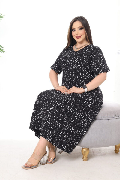 Black Lycra Viscose V-Neck Printed Plus Size Dress - 1