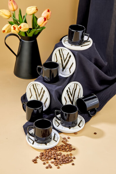 Black Marble Pattern 12 Piece Luxury Ceramic Coffee Cup Set, Turkish Coffee Cup - 9