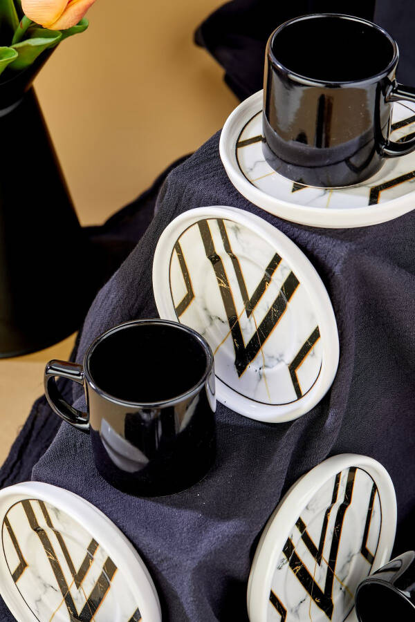 Black Marble Pattern 12 Piece Luxury Ceramic Coffee Cup Set, Turkish Coffee Cup - 10