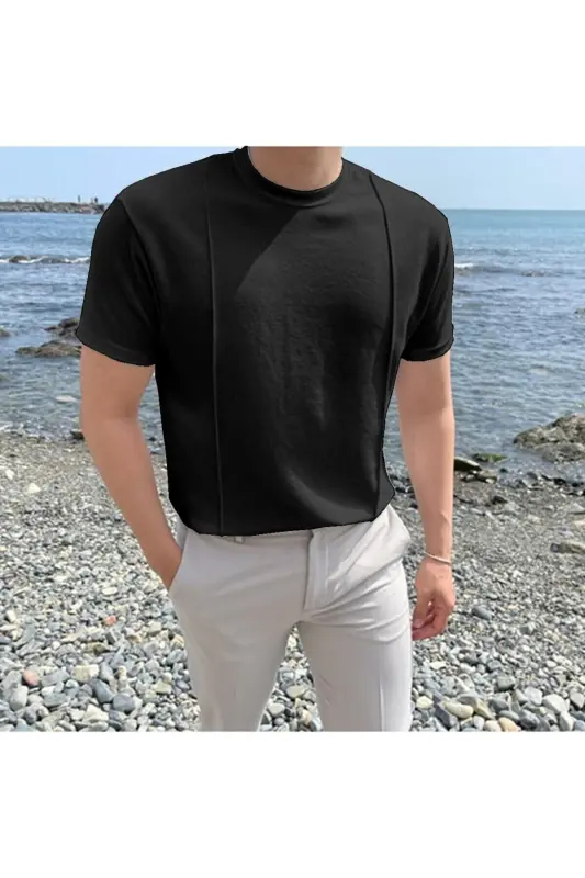 Black Men's Crew Neck 2 Striped Knitted Tricot T-shirt-black - 1